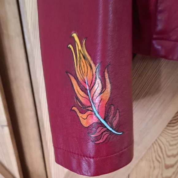 Hand Painted Faux Leather Jacket with Phoenix Art Size Large - Picture 13 of 17